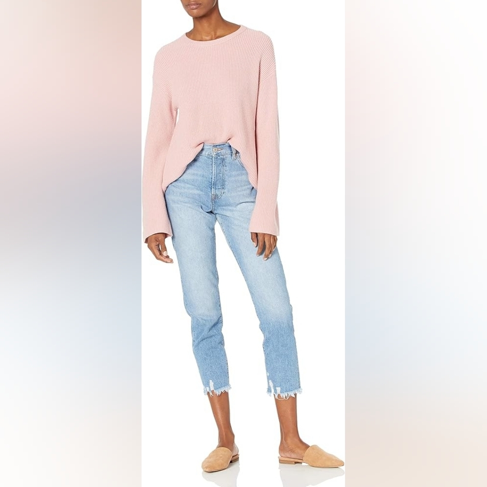 The Drop Women’s Alice Ribbed Crewneck Sweater, Back Slit, Zephyr Pink, Size L - Picture 3 of 8